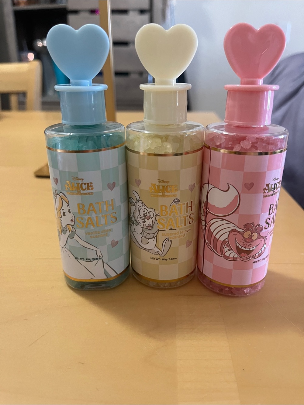 Disney Alice Bath Salts Trio — Blue, Cream, Pink Heart-Top Bottles
